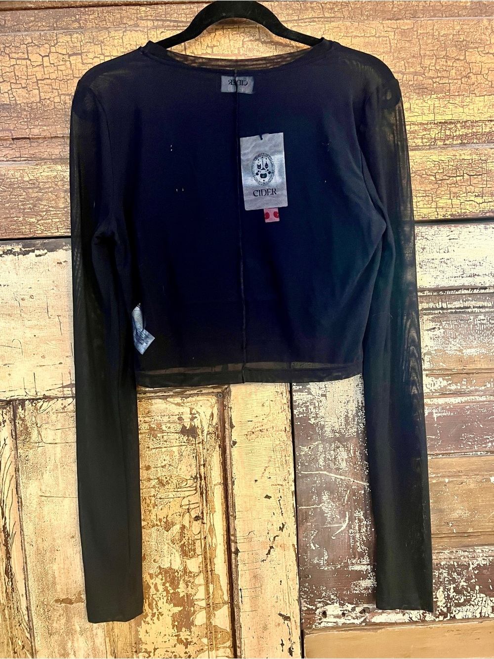 NWT Cider Sheer Mesh Long Sleeve Layered Crop Top Set Black - Picture 4 of 4